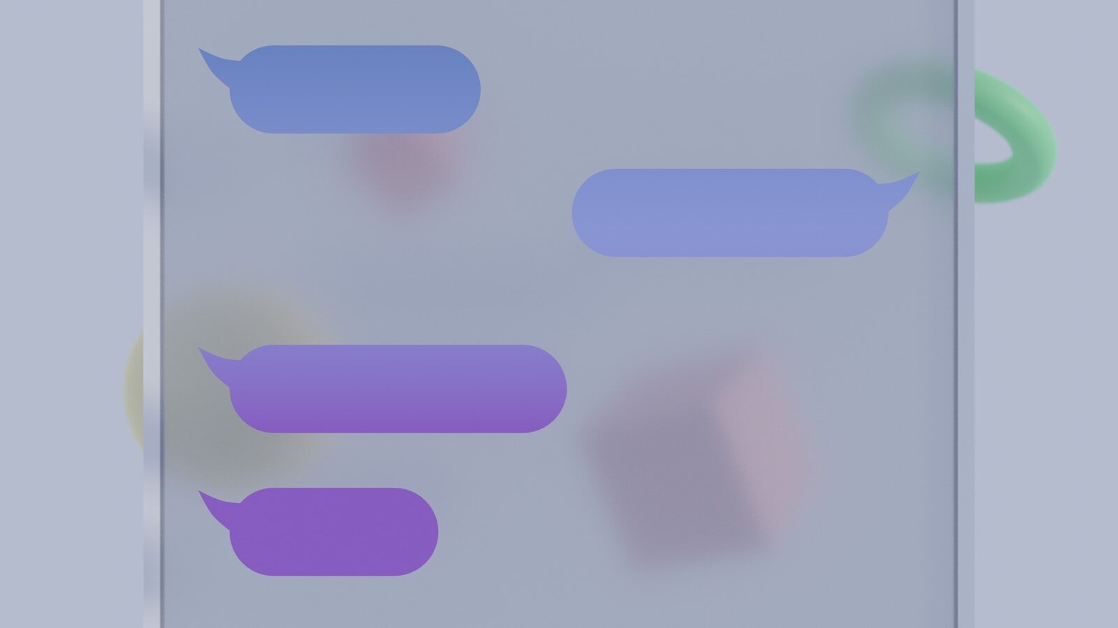 Four purple speech bubbles on a translucent screen with floating geometric shapes